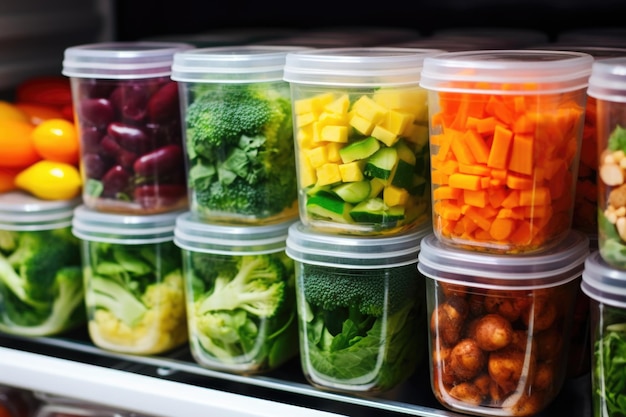 Legumes separados em recipientes de plástico transparente na geladeira