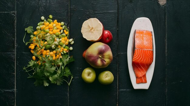 Leguminosas, frutas y salmón colocados en un suelo de cemento negro