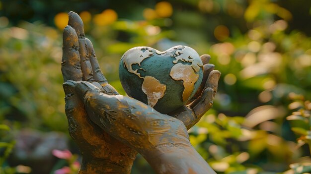 Foto lehmskulptur einer fürsorglichen hand, die die welt in form eines herzens wiegt