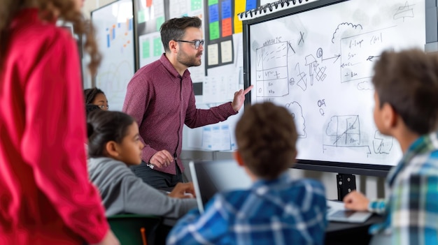 Lehrer, der in einer Klassenzimmerveranstaltung mit einer Menge von Kindern AIG41 die Bildung teilt