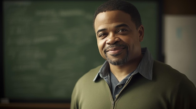 Foto lehrer männlicher afroamerikaner mittleren alters steht vor einem klassenzimmer mit einer tafel im indoor-klassenzimmer generative ai aig22