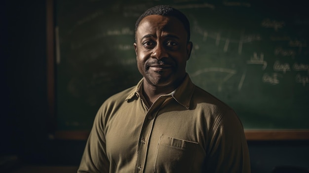 Foto lehrer männlicher afroamerikaner mittleren alters steht vor einem klassenzimmer mit einer tafel im indoor-klassenzimmer generative ai aig22