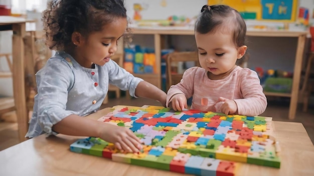 Lehrer und Kleinkind spielen Mathe-Puzzle-Spiel, sitzen am Tisch im Kindergarten