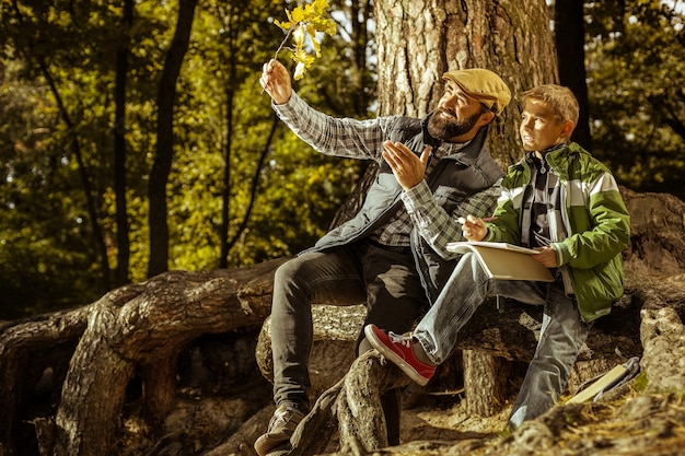 Lehrer und Schüler haben eine Ökologiestunde im Park an einem sonnigen Tag