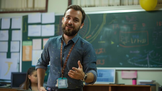 Foto lehrer vor einem klassenzimmer, der mit leidenschaft und begeisterung wissen vermittelt