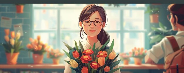 Lehrerin erhält einen Blumenstrauß als Geschenk Hintergrund