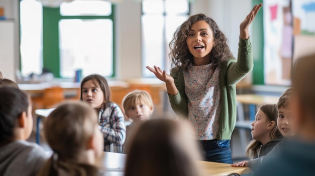 Lehrerin stellt ihren Schülern in der Grundschule eine Frage