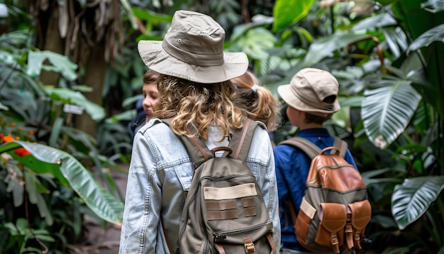 Foto lehrerin und schüler entdecken die natur im üppigen wald auf einer schulfahrt