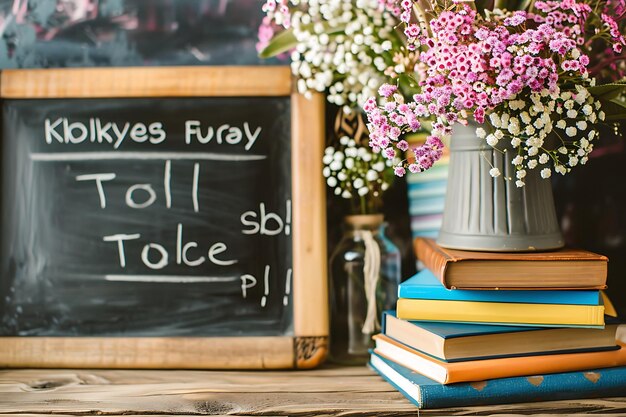 Foto lehrertag mit tafel und büchern begrüßen