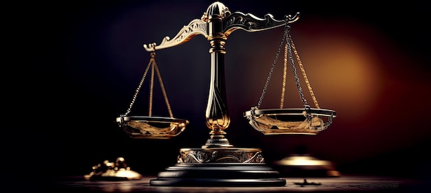 Lei Conceito de justiça do sistema jurídico Banner de equilíbrio de justiça dourada com espaço de cópia IA generativa