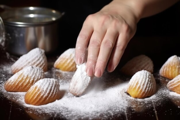 Foto leicht mit der hand über frisch gebackenen madeleines süßzucker abstauben