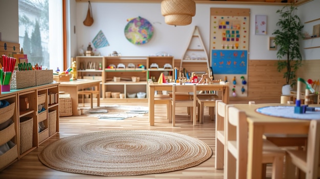 Leichte Klasse im Montessori-Kindergarten Holz-Kindertisch mit Stühlen im Vordergrund