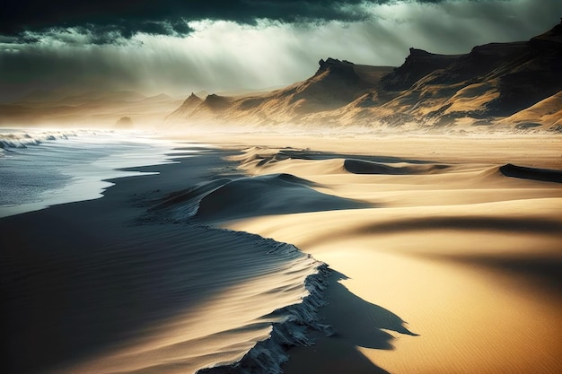 Leichte Wellen, die über einsamen Wüstenstrand von Island kommen