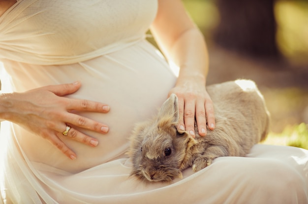 Leichtes transparentes Kleid. Auf Wunder warten. Schwangeres Mädchen streicht graues Kaninchen.