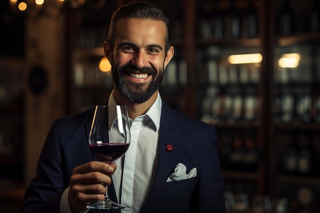 leidenschaftlicher, sehr glücklicher Mann mit einem Glas Wein