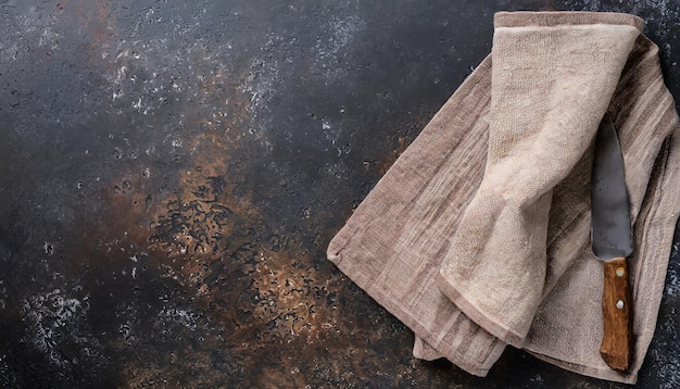 Foto leinen küche brawn handtuch serviette auf alten schwarzen keramik zement beton tisch hintergrund koch