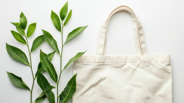 Leinwandtasche mit frischen grünen Blättern auf weißem Hintergrund