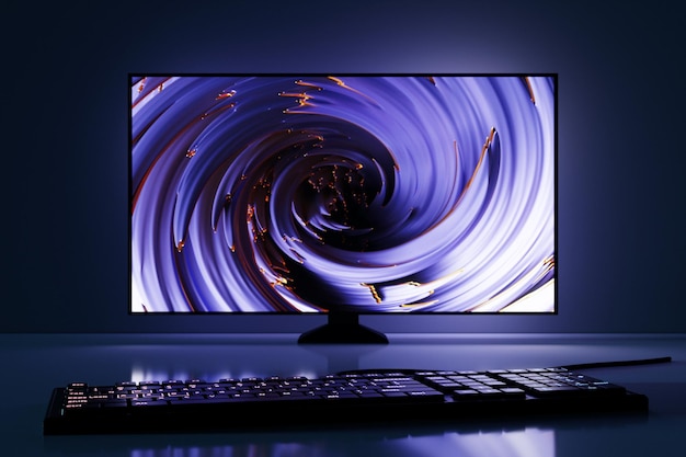 Leistungsstarker PC Gemütlicher Desktop für Gamer-Monitor mit rgb-Tastatur, beleuchtet mit Blau- und Neonlicht