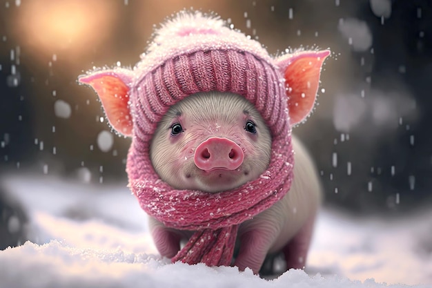 Leitão bonito no chapéu de malha rosa e cachecol na neve