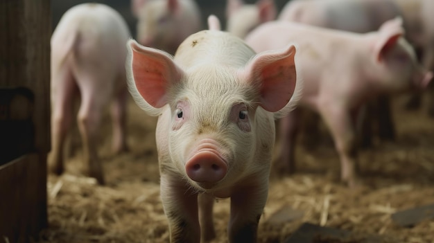 Leitão com orelhas cor de rosa na fazenda de porcos para criação de porcos