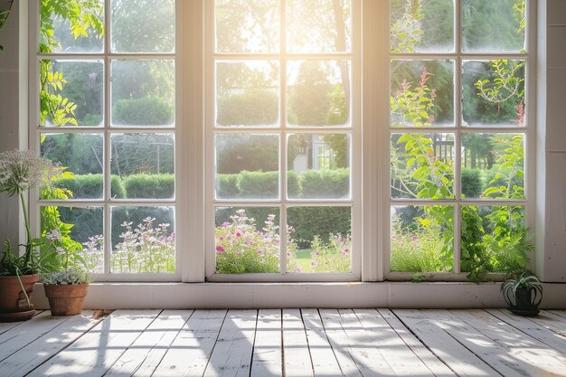 Leitão de janela alto branco com jardim de verão no fundo