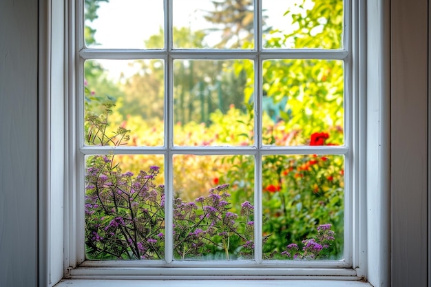 Leitão de janela alto branco com jardim de verão no fundo