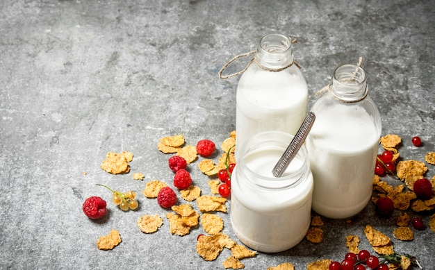 Leite com cereais e frutas vermelhas na mesa de pedra