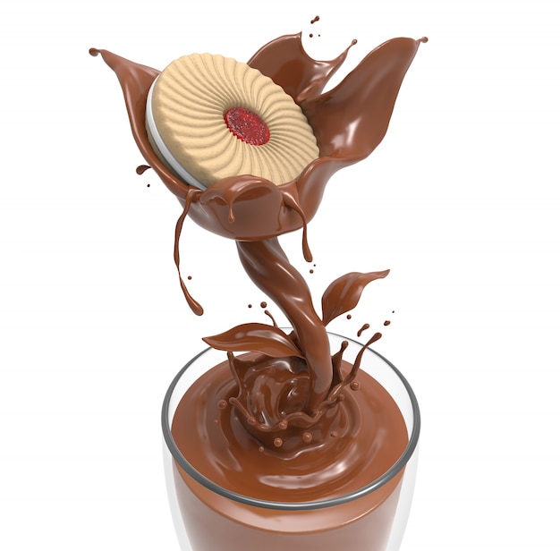 Foto leite com chocolate em forma de flor, deliciosos biscoitos atolam morango no leite com chocolate