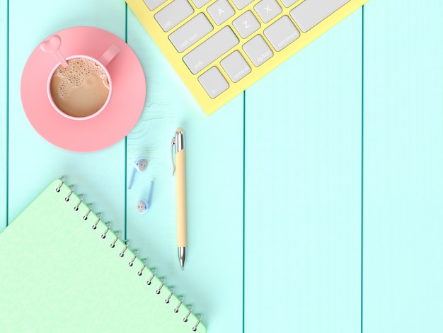 Leite de café na Copa rosa na mesa de trabalho com o notebook, caneta com teclado e fone de ouvido