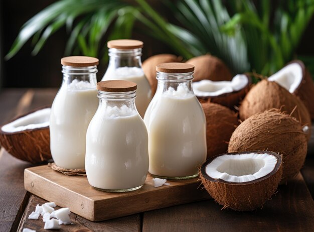 Leite de coco em pequenas garrafas transparentes