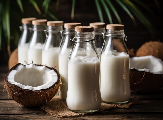 Leite de coco em pequenas garrafas transparentes