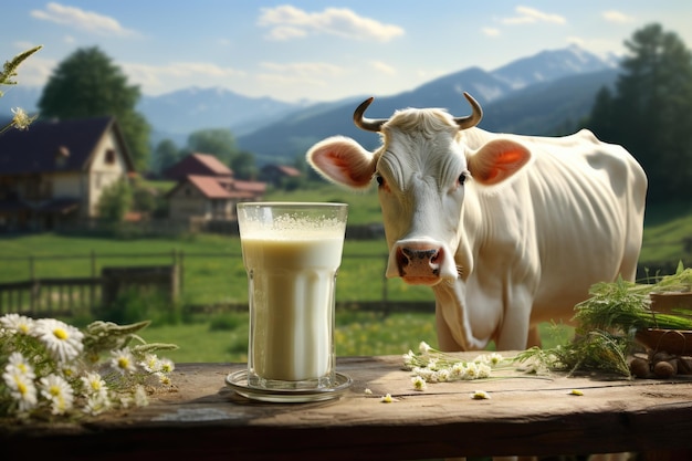leite de vaca com fundo de vaca leiteira