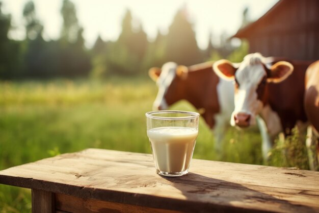 Foto leite de vaca fresco em copo em mesa de madeira e paisagem desfocada com vaca no prado