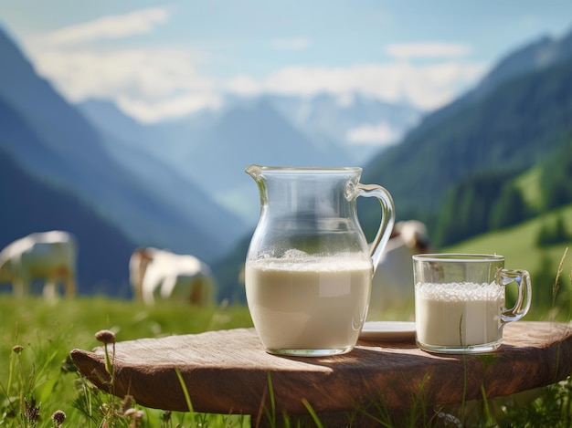 Leite de vaca fresco em um copo e uma jarra na grama verde com montanhas e céu azul ao fundo