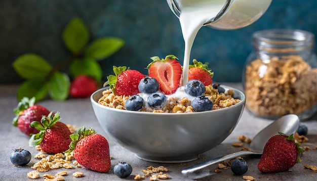 Leite derramando em uma tigela de café da manhã saudável, granola crocante, cereais com morango, mirtilo, vegan f