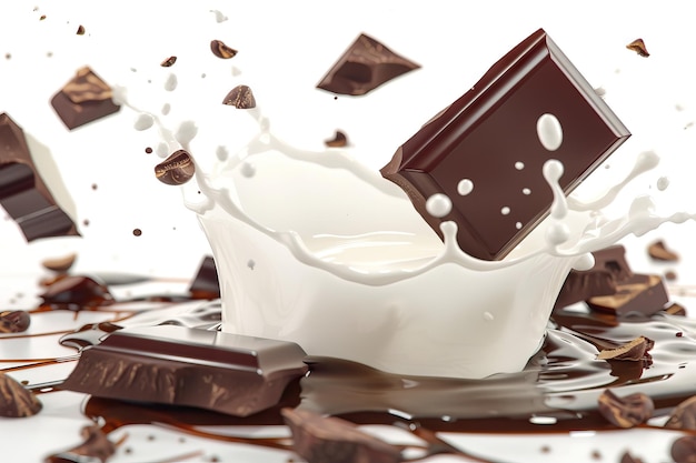 Foto leite e chocolate espalhados isolados em fundo branco