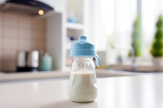 Foto leite em uma mamadeira em uma mesa de madeira conceito de maternidade
