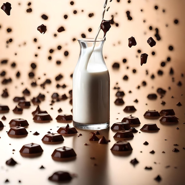 Foto leite líquido com uma xícara de chocolate e gotas espalhadas