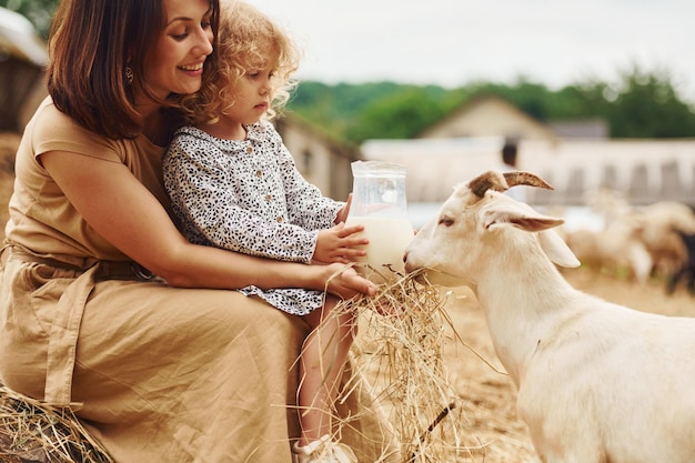 Leite natural fresco Jovem mãe com sua filha está na fazenda no verão com cabras