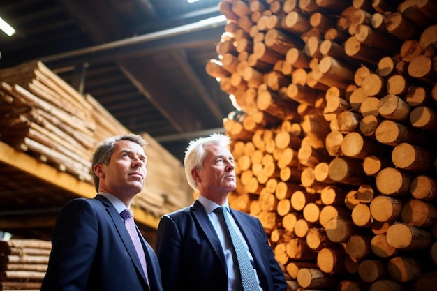 leitender Geschäftsmann mit einem Kollegen vor gestapeltem Holz in einer Fabrik