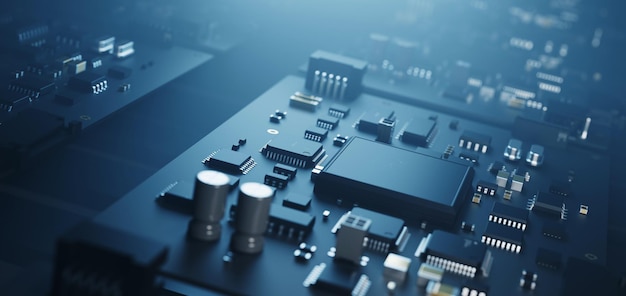 Leiterplatte mit Chips auf dem Umschlag 3D-Darstellung zu Technologie und industrieller Produktion