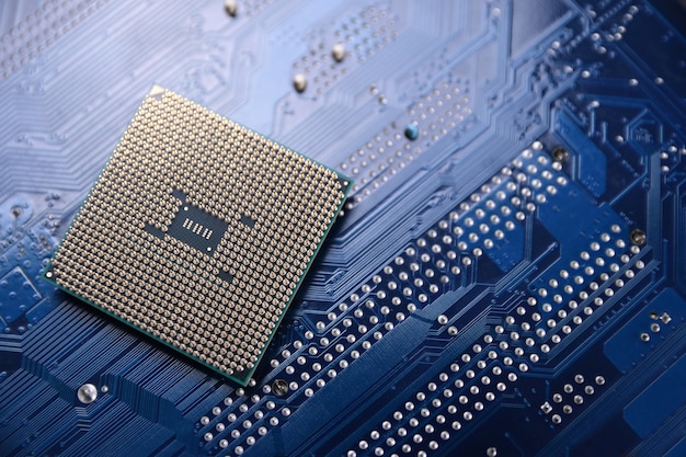 Leiterplattenhintergrund. CPU-Konzept der zentralen Computerprozessoren. Ein digitaler Motherboard-Chip
