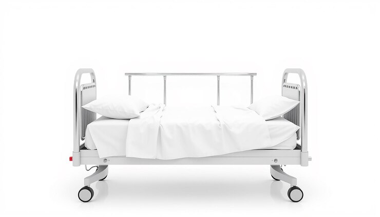 Foto leito de hospital moderno, bem feito, com lençóis brancos sobre um fundo branco simples, pronto para uso