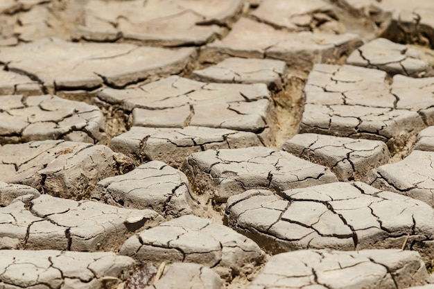 Leito do lago seco. Terreno seco. Conceito de mudanças climáticas e aquecimento global.