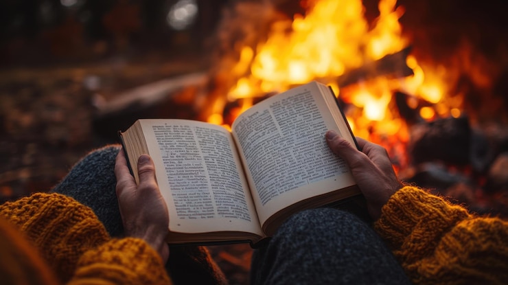 Foto leitor de noite aconchegante desfrutando de um livro junto à lareira com luz suave canon eos1d x mark iii
