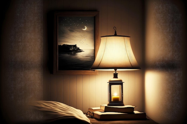 Leitura em casa na cama à noite, abajur contra o fundo da imagem criada com IA generativa