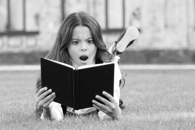 Leitura extracurricular Criança pequena bonita lendo livro ao ar livre Educação básica Adorável menina aprende a ler Estudando conceito Uniforme escolar de colegial deitado no gramado com livro favorito