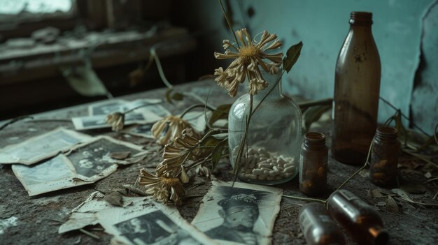 lembranças esquecidas com flor em um vaso e foto desvanecida na mesa