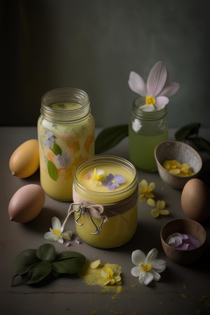 Lemon Curd in Gläsern mit Frühlingsblumen Illustrator AI Generative