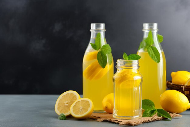 Lemonade in Glasflaschen mit Zitronenscheibe und dekorativem Schnur